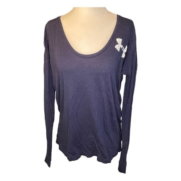 Under Armour Spirit Jersey Navy Blue White Graphic Print V-Neck Long Sleeve M - Picture 2 of 6